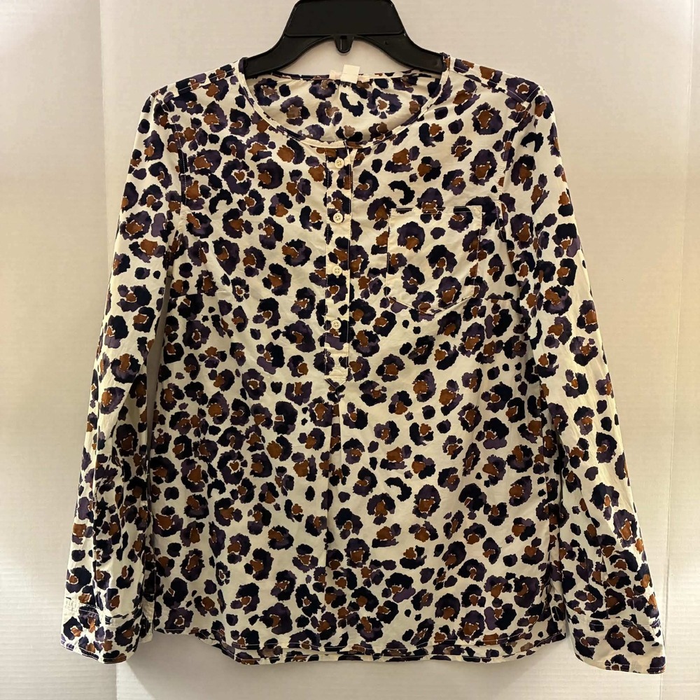 J.Crew Crewcuts Henley Top Girls 14 Purple Leopard Print Long Sleeve Button Up